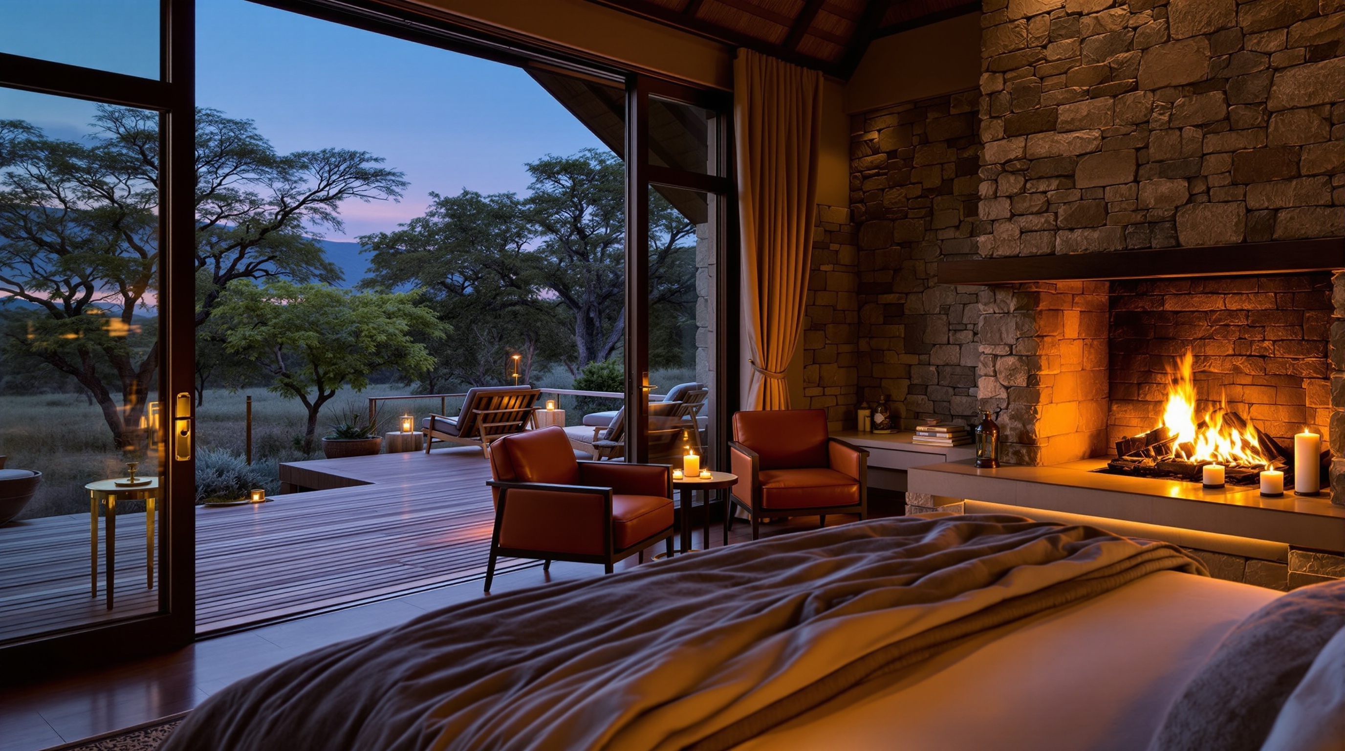 Acacia Suite with twilight deck view, stone fireplace and acacia grove