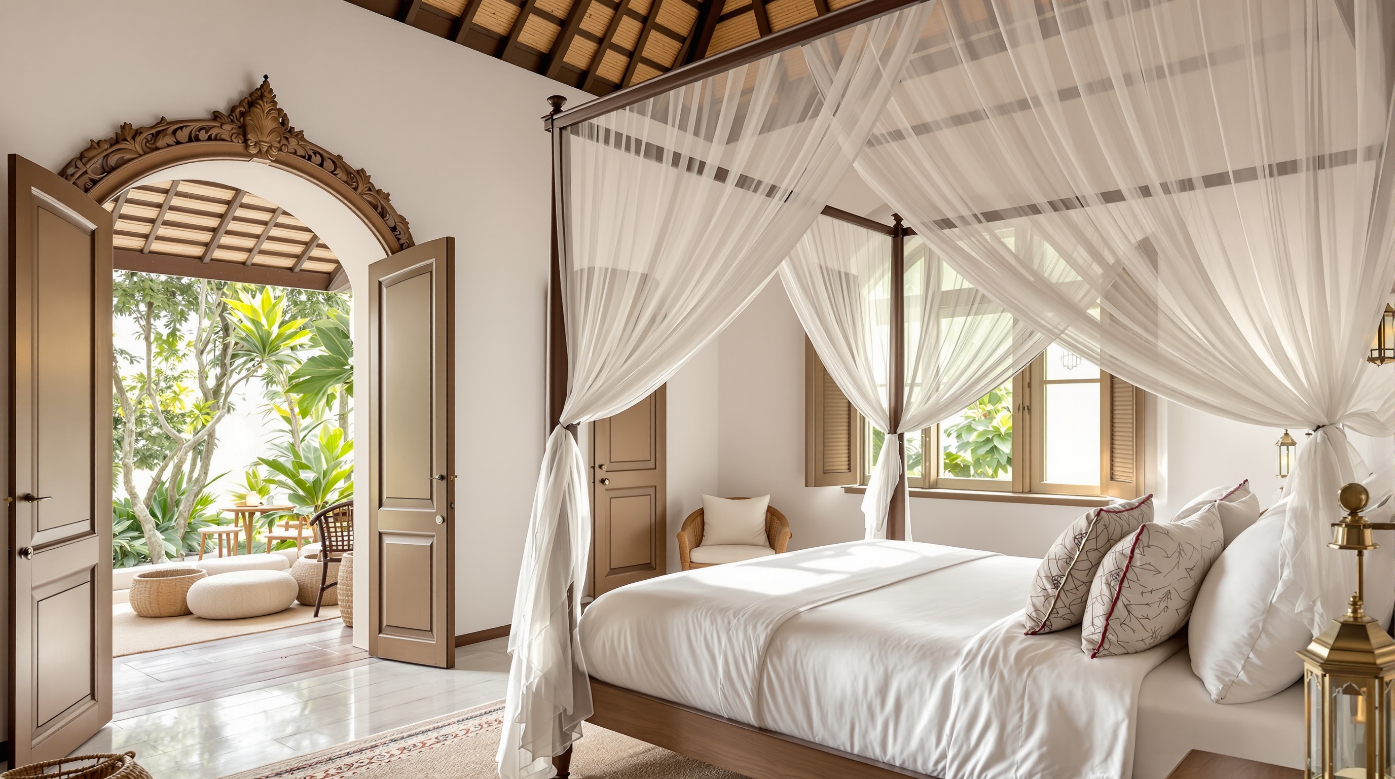 Jasmine Suite with mosquito net canopy bed and Zanzibar courtyard garden