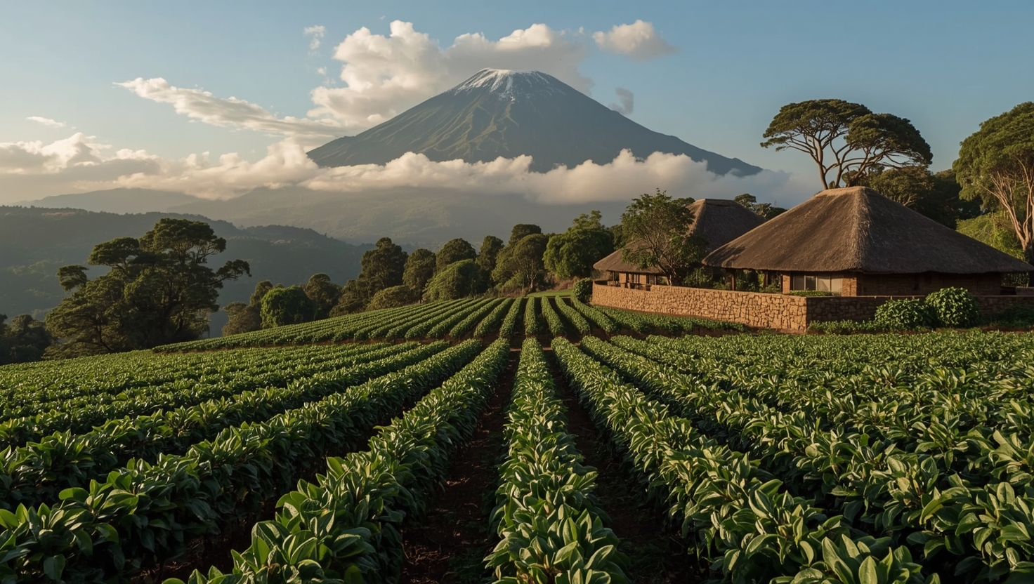 Kilimanjaro foothills coffee farm with snow-capped peak in distance