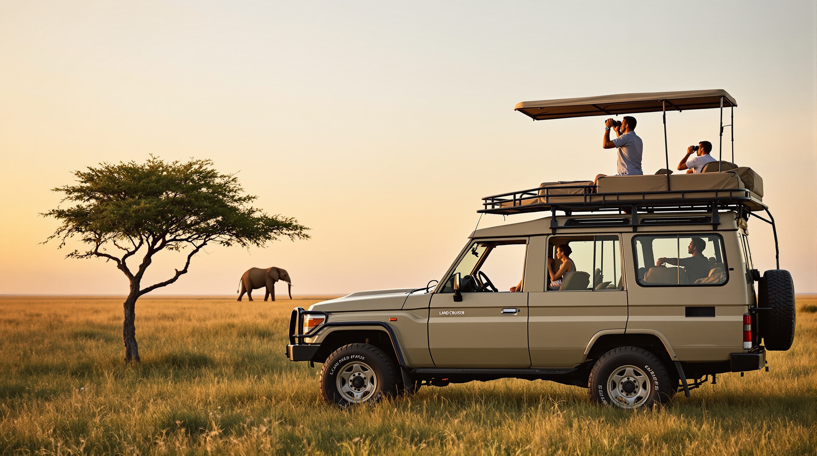 Private 4x4 Land Cruiser game drive with guests viewing elephant on the Serengeti plains