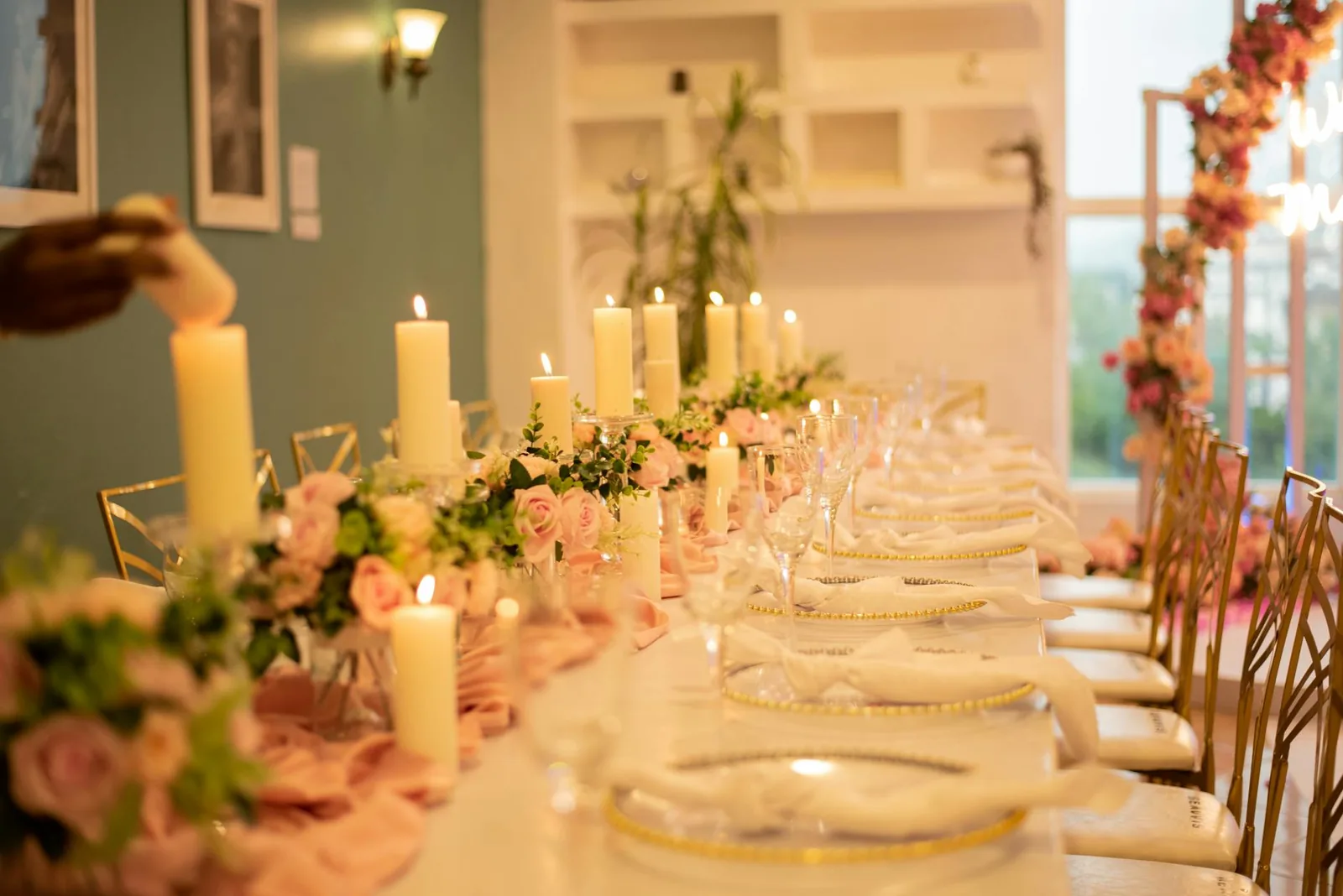 Candlelit private bush dinner setup with brass lanterns