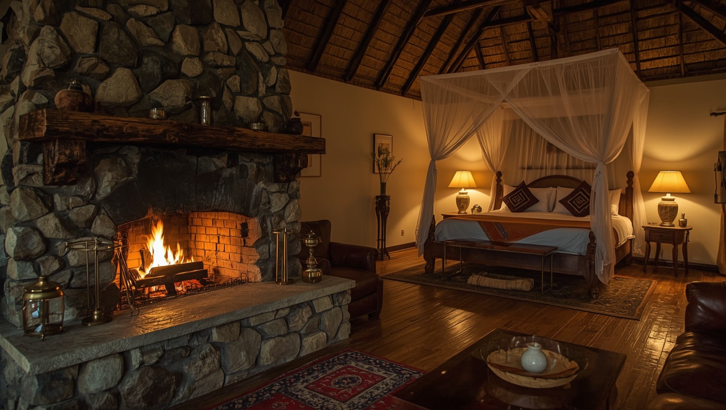 Stone fireplace in Acacia Suite with crackling fire and Maasai textile throws