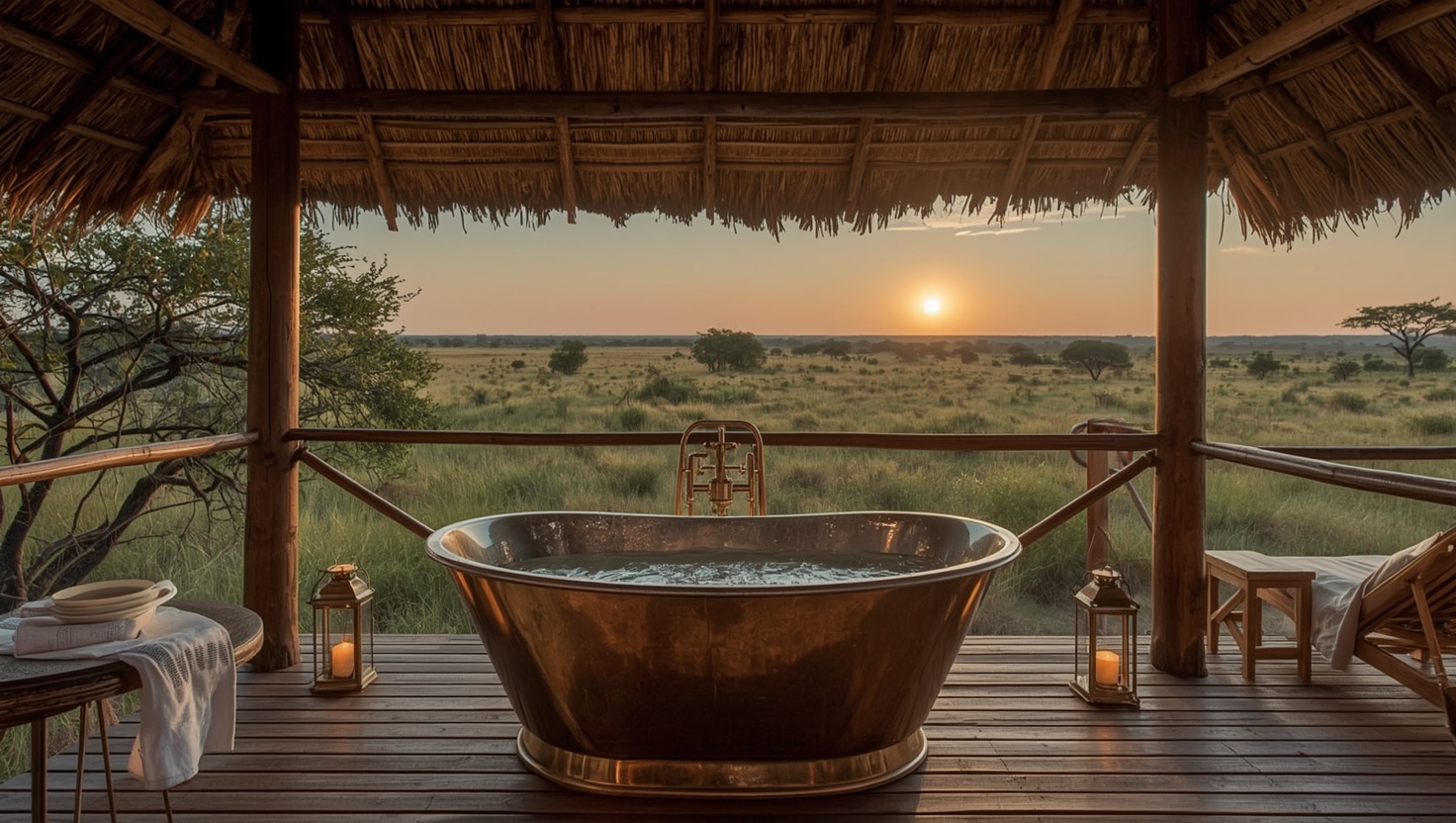 Outdoor copper soaking bath on the private deck of Baobab Suite