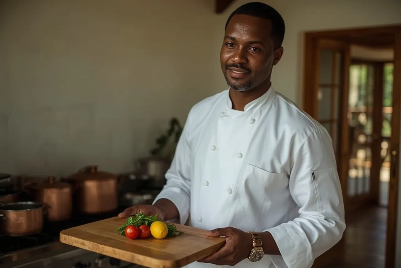 Head Chef holding fresh local ingredients at the lodge kitchen, Tanzania