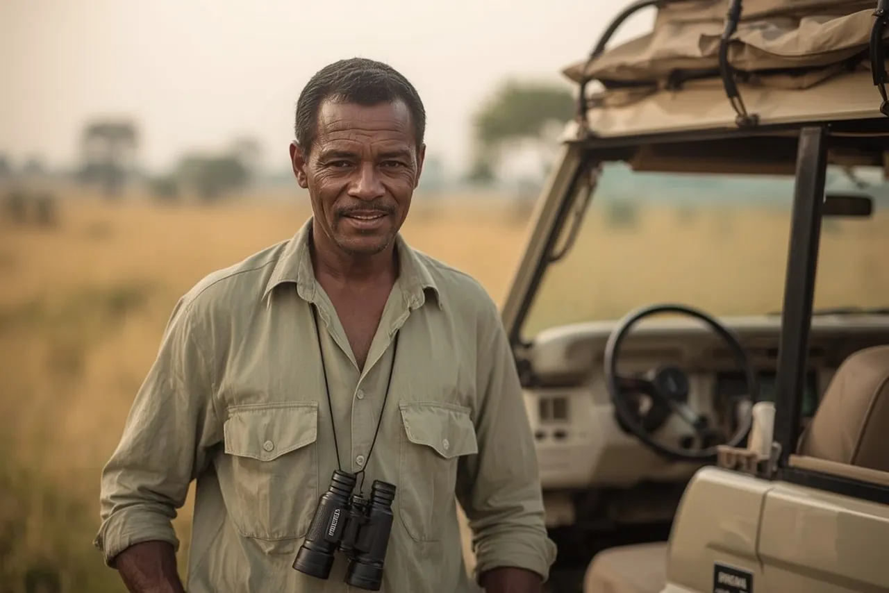 Lead Naturalist Guide with binoculars beside Land Cruiser in the Serengeti