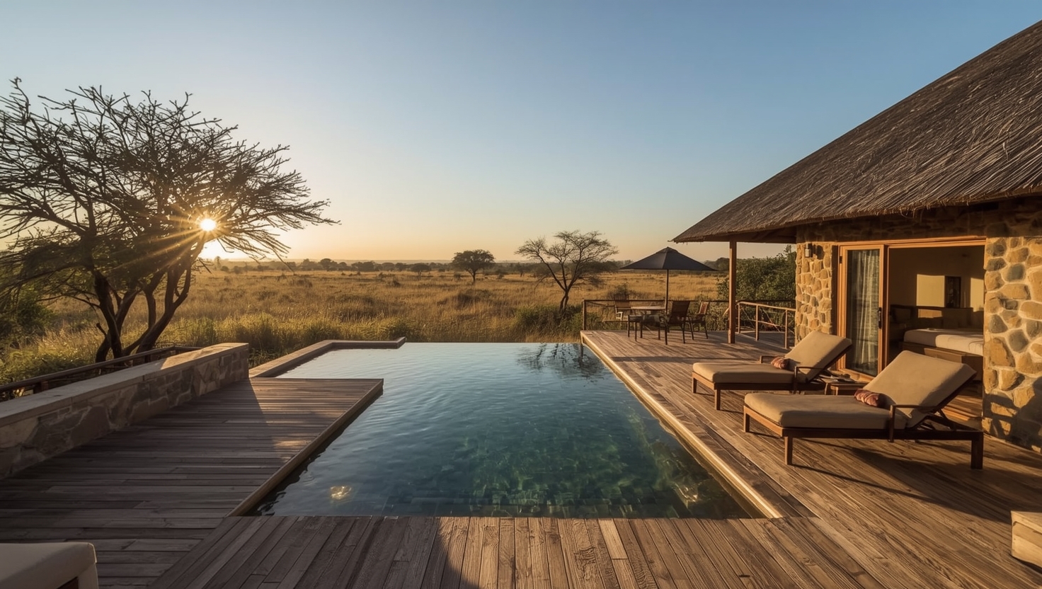 Tembo Villa private deck with sun loungers and view of Serengeti grasslands